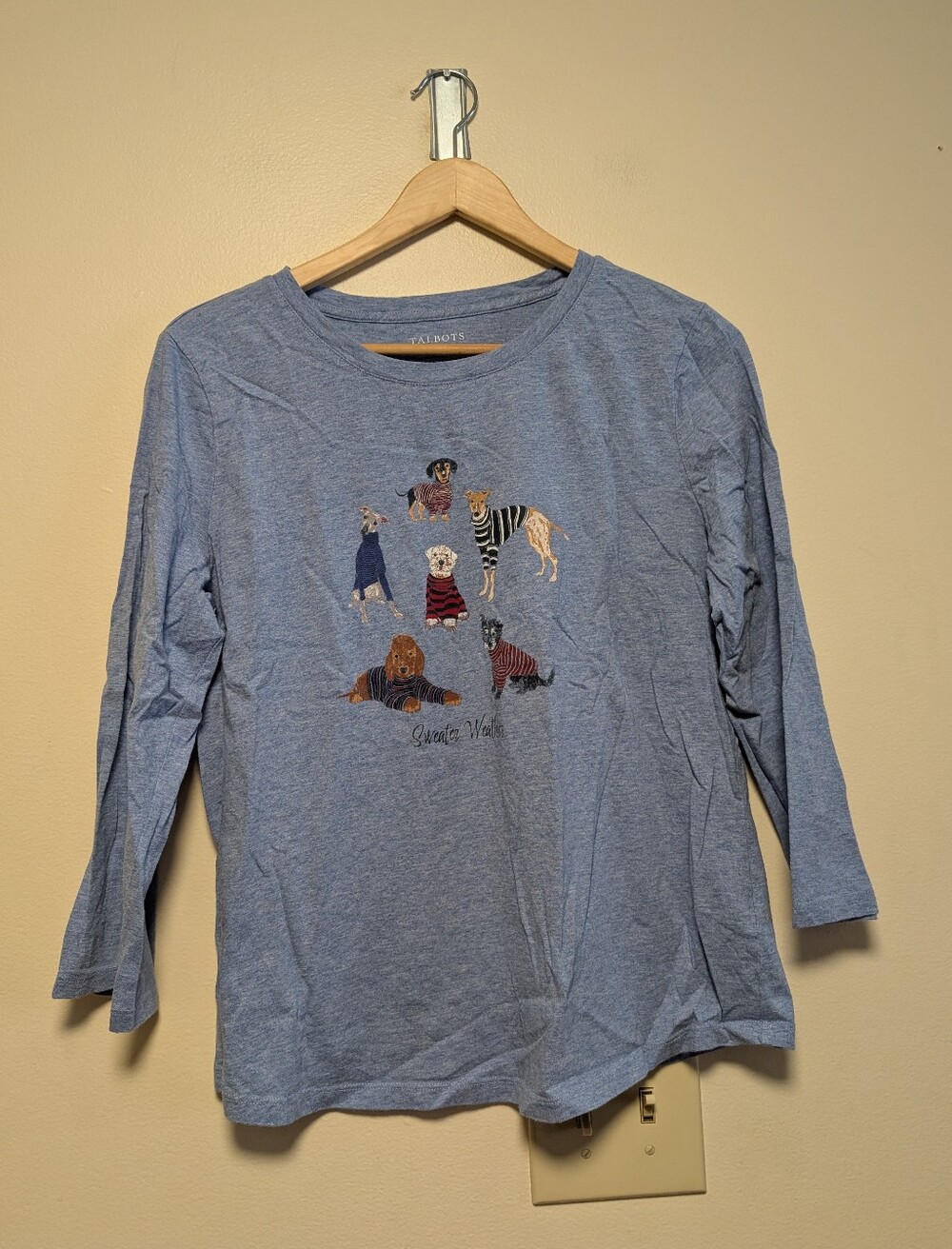 Talbots Sweater Weather Dogs Blue 3/4 Sleeve Cotton Tee Size Large